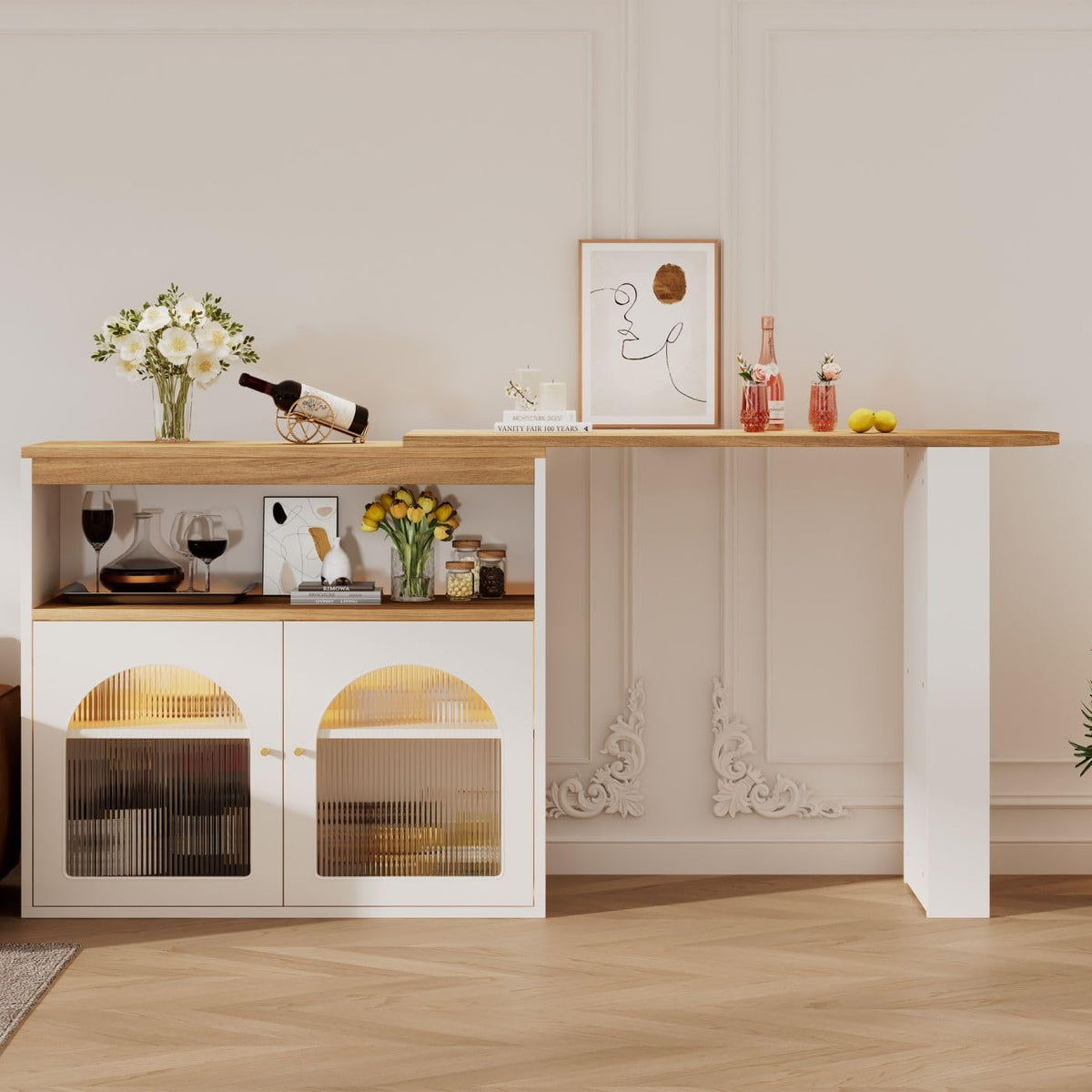 Sweiko Bar télescopique Table Moderne avec Espace de Rangement, Table d'appoint Haute, pivotante,Meuble de Rangement pour la Salle à Manger (White)
