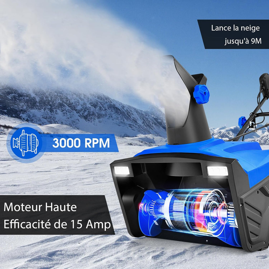 GYMAX Déneigeuse Électrique avec Lumières, Lame 50x25cm, Vitesse 3000rpm, Distance de Jet de Neige 9 m, Goulotte d'Éjection Réglable, Fraise à Neige à Brancher(Bleu)
