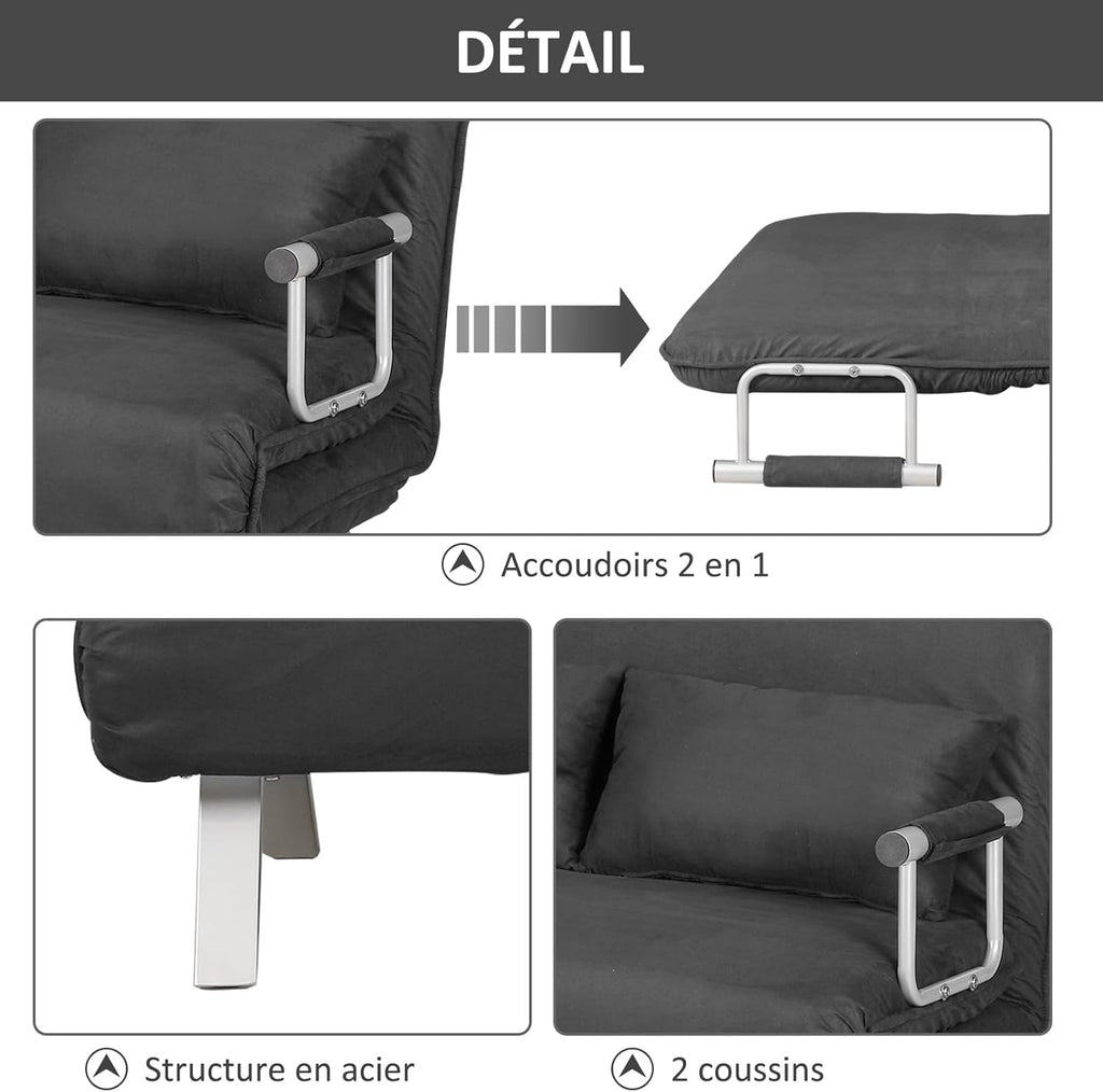 HOMCOM Canapé-lit 2 Places, Fauteuil Convertible avec Dossier réglable en 5 Positions, Chaise Longue avec 2 Coussins Inclus, canapé en revêtement Aspect suède déhoussable, 111x80x78cm, Gris foncé