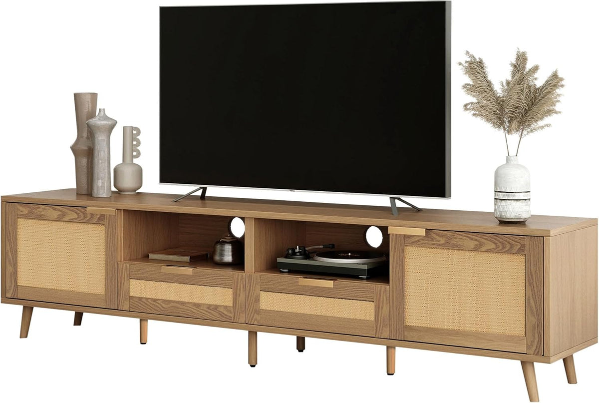 Jaxenor Meuble TV en rotin 200 cm, meuble de télévision, commode TV pour le salon, meuble de rangement pour écran 85 pouces, meuble TV avec beaucoup d'espace de rangement, 2 tiroirs, 2 portes, chêne