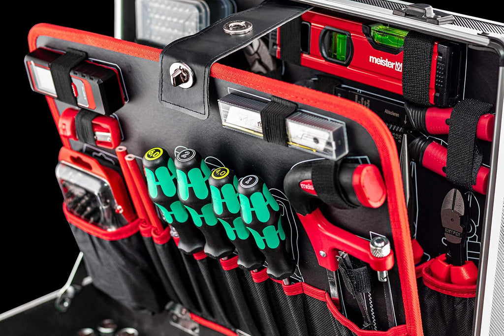 Meister 8973770 Tool Boîte à outils professionnelle remplie de qualité Knipex et Wera, manche télescopique sur roues