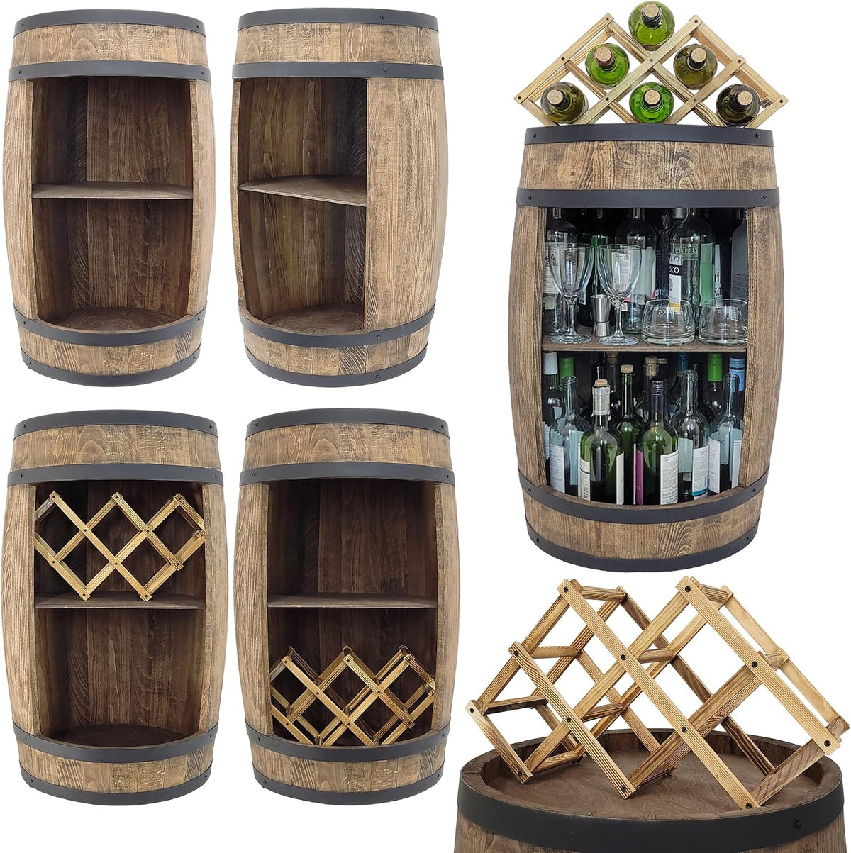 weeco Tonneau Bar en Bois avec Éclairage LED RGB – Casier à Vin avec 2 Étagères et Porte-Bouteilles – Bar Meuble Rustique – 80x50cm – Marron Foncé