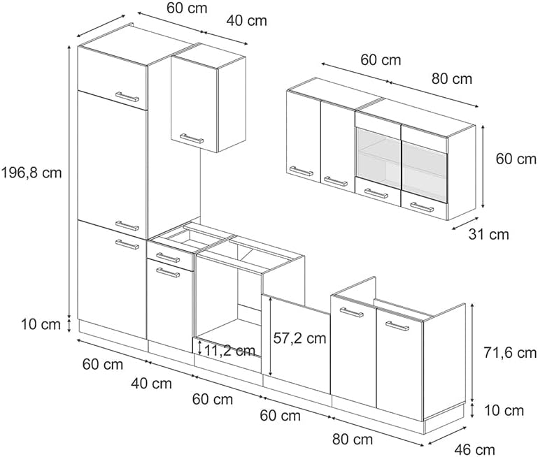 Vicco Cuisine R-Line, Bleu-Gris/Chêne de Force doré, 300 cm sans Plan de Travail