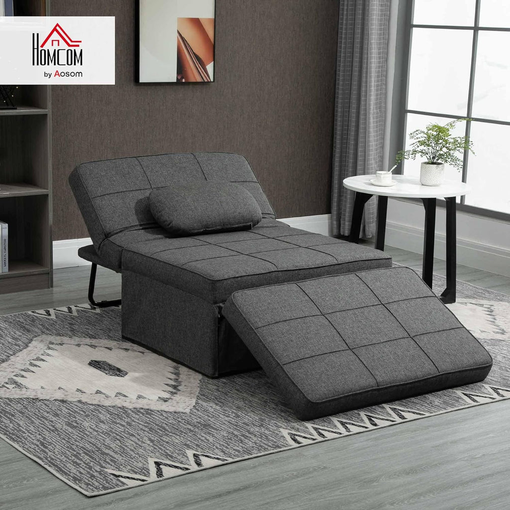 HOMCOM Chauffeuse 1 Place 4 en 1 Fauteuil lit Convertible Pouf Dossier inclinable 5 Niveaux Repose-Pied Rabattable, Charge 200 Kg, châssis métal et Tissu Lin Gris