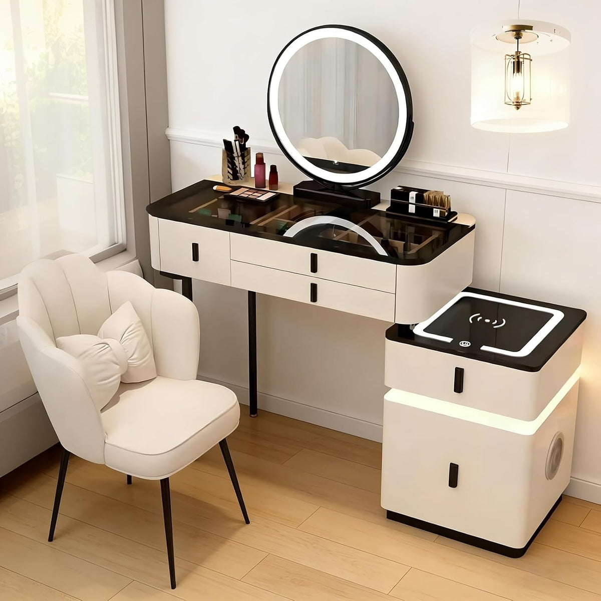 Generisch Ensemble de coiffeuse avec lumières LED, table de maquillage avec 5 tiroirs, station de charge sans fil et haut-parleur Bluetooth, chaise pour chambre à coucher filles femmes Blanc-noir