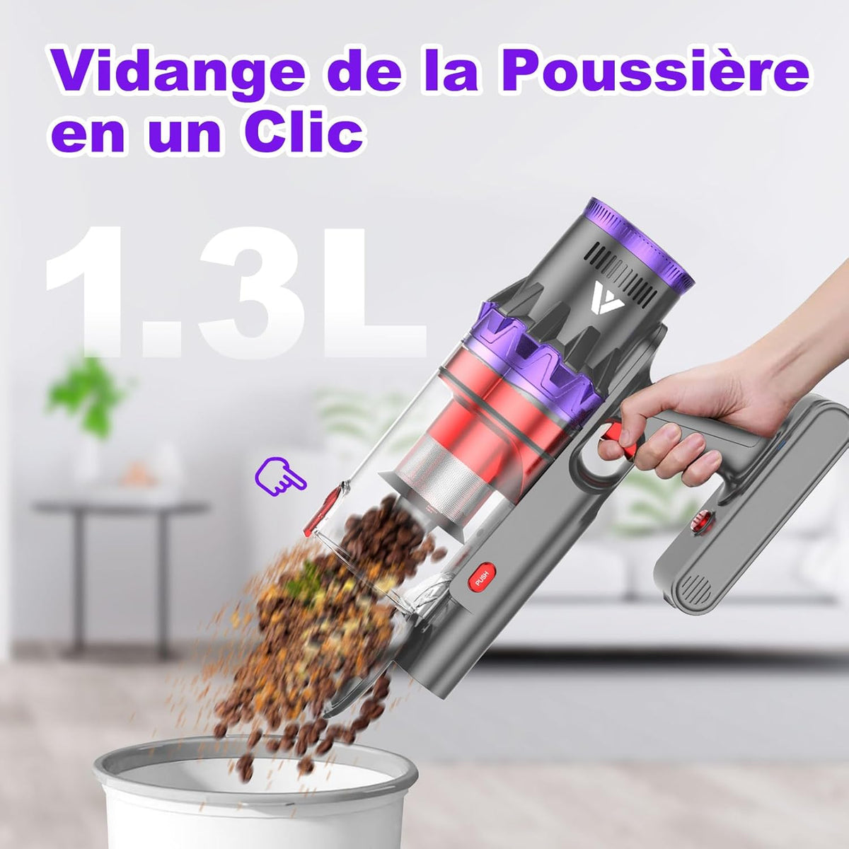 coovy SU7 Aspirateur Balai sans Fil 580W/55Kpa/75Mins, Aspirateur sans Fil Puissant, Chargement Mural, Écrans Tactiles LED, 1,3L Capacité, pour Sols Durs/Tapis/Les Poils d'animaux