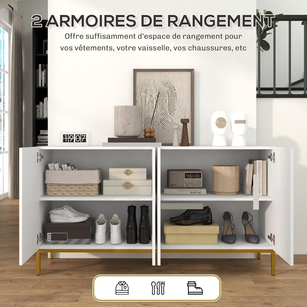 HOMCOM Buffet menuble de Rangement Design Contemporain Graphique 2 placards Porte étagères réglables en Bois Blanc métal doré