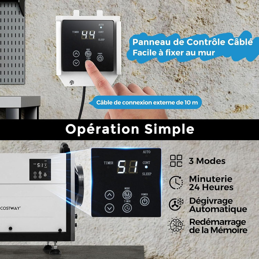 COSTWAY Déshumidificateur Professionnel, Déshumidificateur Industriel avec 3 Modes Minuterie de 24 H Tuyau de Vidange et Dégivrage Automatique, pour Entrepôt Sous-sol (58,5 L/Jour,Noir)