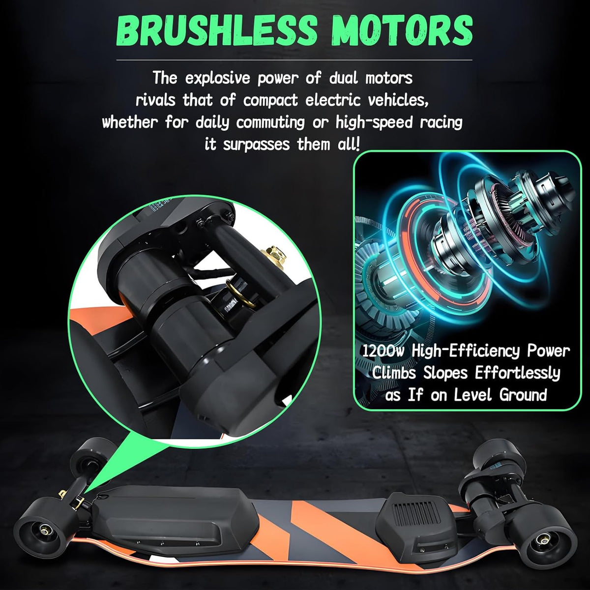 PxkVrin Skateboard électrique Tout Terrain avec télécommande, capacité de Charge de 150 kg, pour Une Utilisation sur Campus et en Ville. Orange