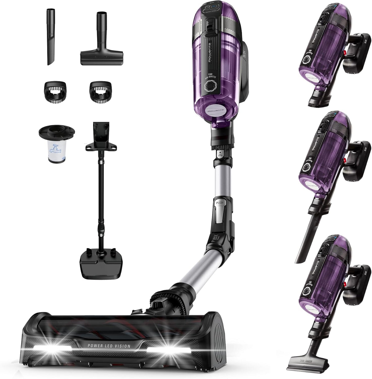 Rowenta X-Force Flex 12.60 Allergie Aspirateur Balai sans Fil, Filtration Anti-Allergènes, Puissant 150AW, Autonomie 45min, Station d'accueil RH98A0WO, Violet et Aluminium