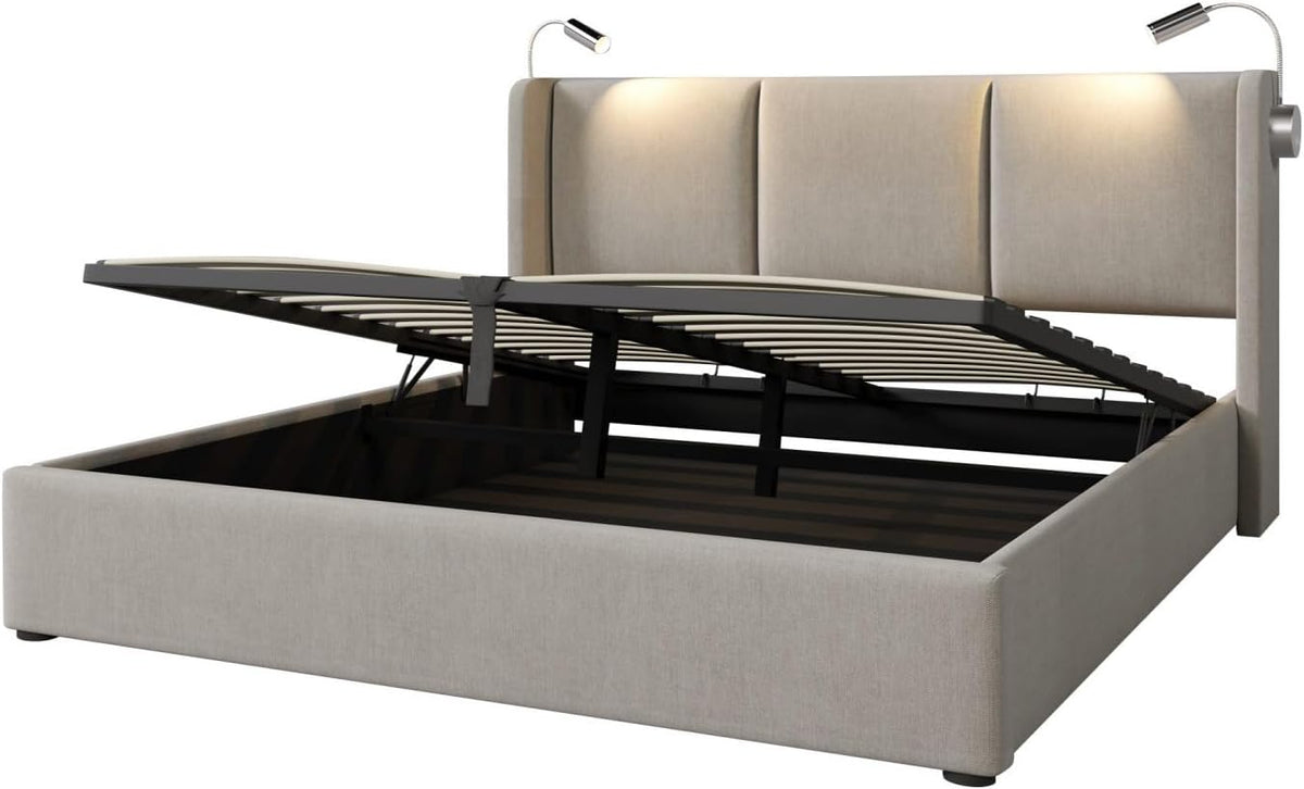 Sweiko Rembourré Cadre de Lit 140x200 cm avec éclairage LED sommier et Rangement à Lattes,USB Chargement, Linen sans Matelas