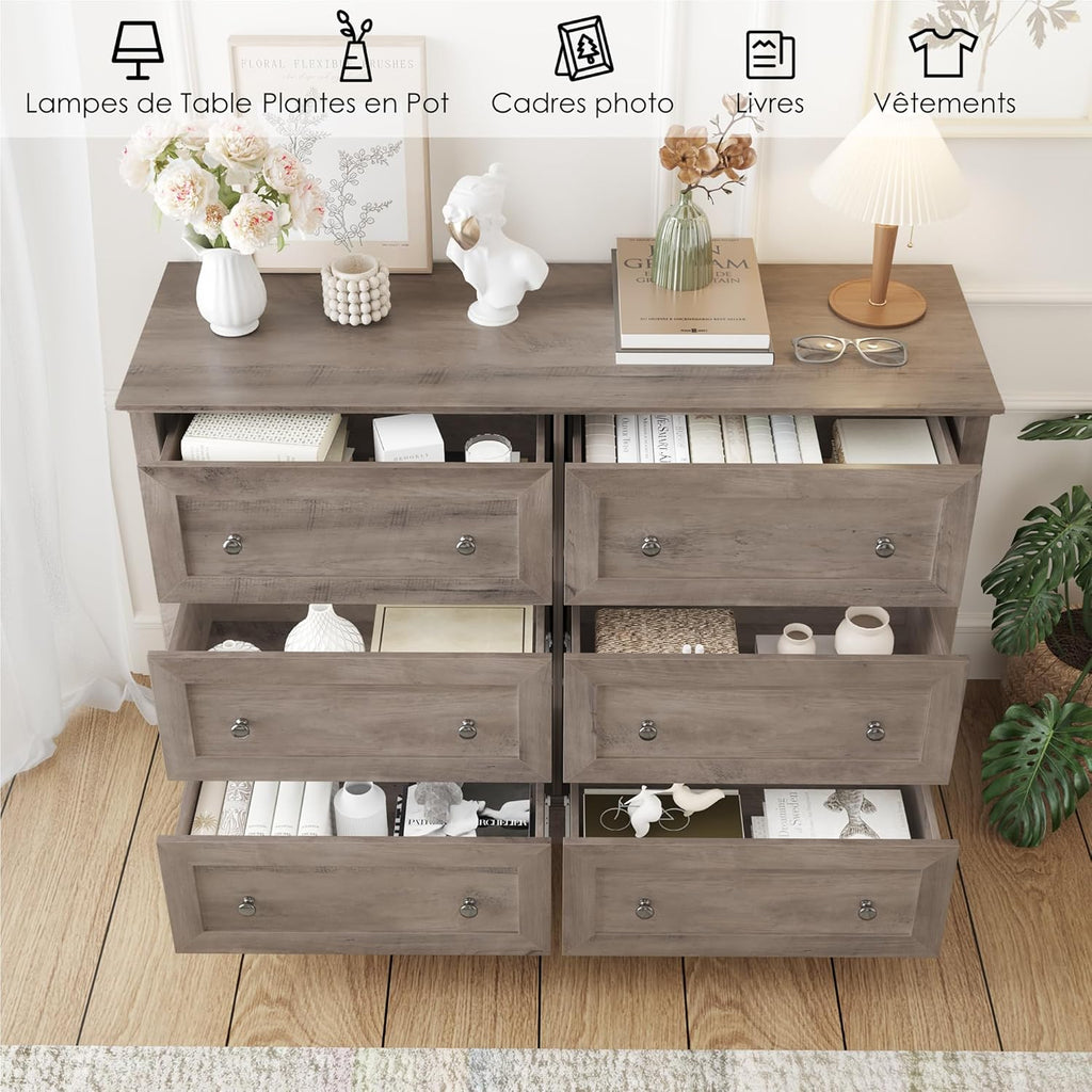 FOREHILL Commode Chambre Commode 6 Tiroirs Buffet Meuble de Rangement pour Salon Cuisne Chambre Adulte Classique en Bois 120 x 42,5 x 82,5 cm