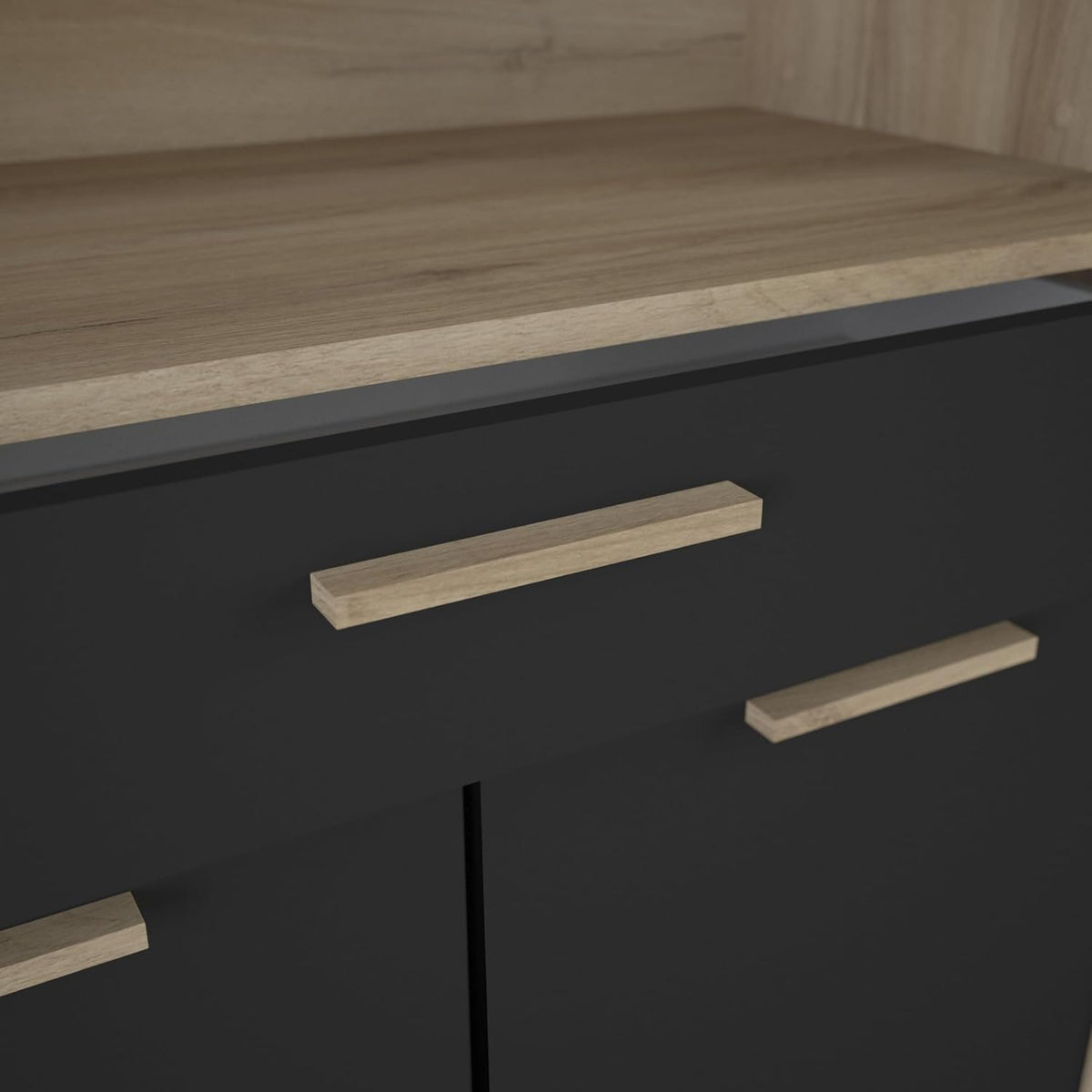 Buffet Industriel 4 Portes 1 Tiroir 1 Grande Niche Résistant à l'eau et Idéal Micro-Onde - Coloris Bois Clair et Noir - 83,3x40x176,1 cm