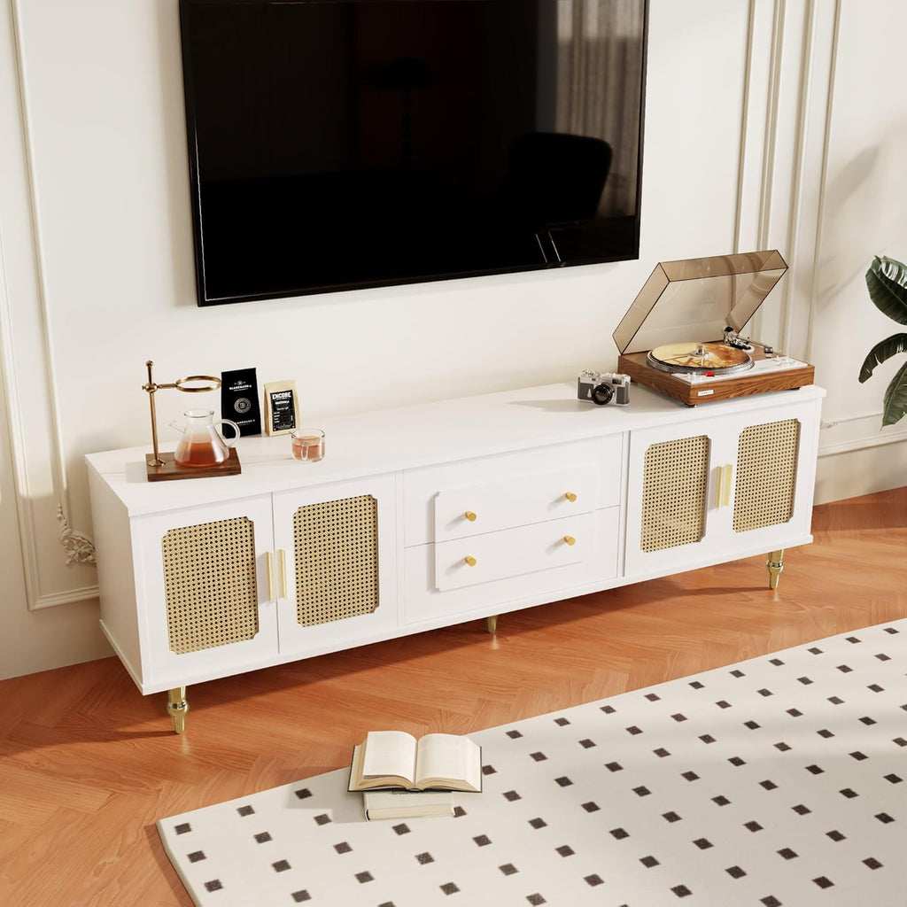 Meuble TV bas de style rétro avec 6 compartiments de rangement, poignées dorées, porte en rotin et pieds en métal, buffet TV pour salon (blanc, 175 x 38 x 55,5 cm)