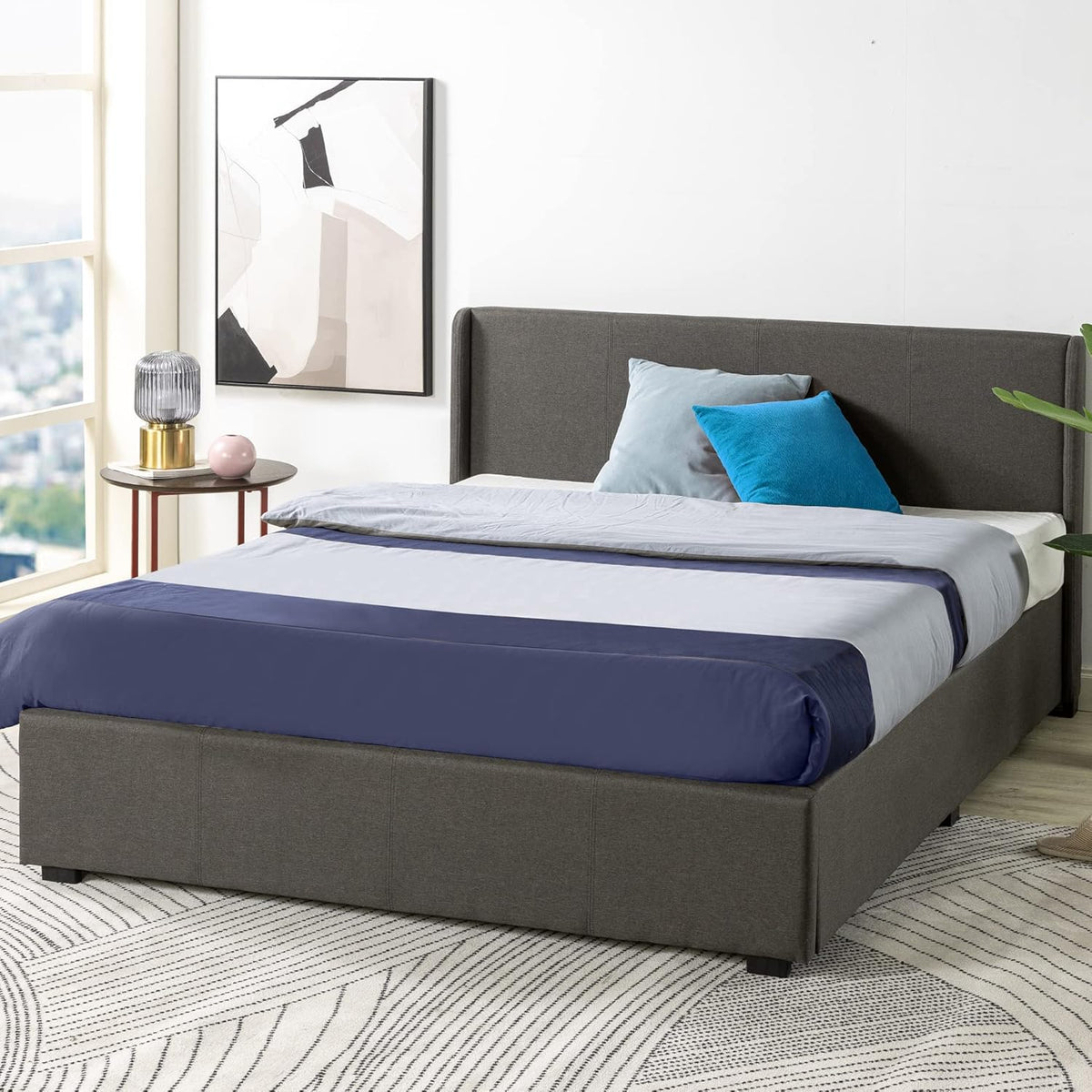 Zinus Maddon Lit Coffre 160x200 cm - Hauteur 31 cm - Système de Levage Hydraulique - Tête et Cadre de Lit Double en Bois tapissier - Gris foncé