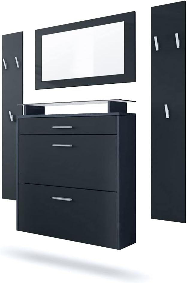 Vladon Penderie Malea, Meuble d’entrée Comprenant 1 Commode à Chaussures Murale, 1 Miroir Mural et 2 Panneaux Porte-Manteaux, Anthracite Mat/Noir Mat
