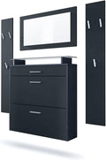Vladon Penderie Malea, Meuble d’entrée Comprenant 1 Commode à Chaussures Murale, 1 Miroir Mural et 2 Panneaux Porte-Manteaux, Anthracite Mat/Noir Mat