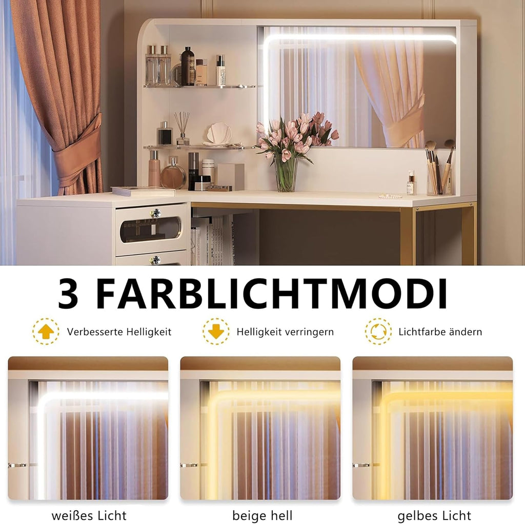 Coiffeuse avec Miroir Réglable LED et Tabouret, Coiffeuse d'angle en L, Commode Moderne avec 5 tiroirs et 2 étageres enacrylique, pour Chambre à Coucher, Salon, Blanc