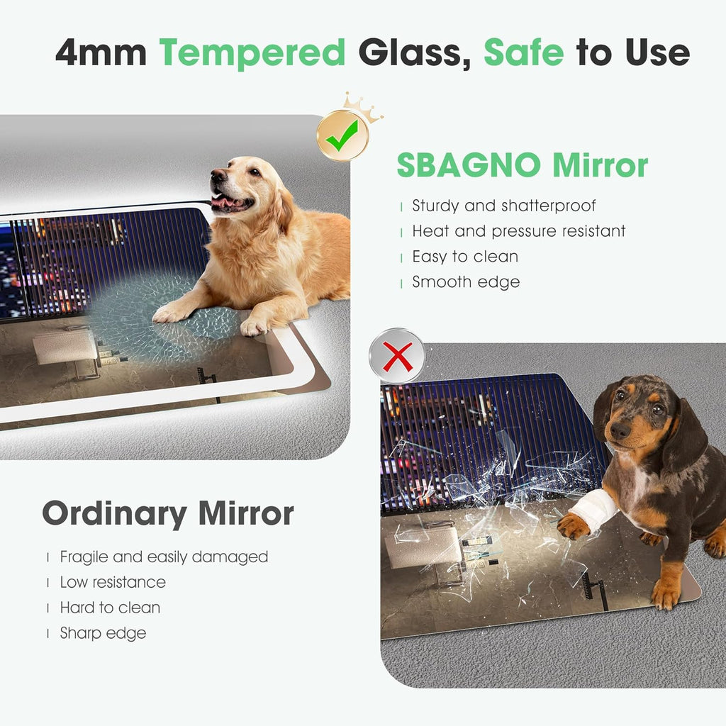 S'bagno Bluetooth-Miroir-Salle-de-Bain-avec-Eclairage-120x70cm, Miroir-LED-Salle-de-Bain Anti-buée, 3000K-6500K, Dimmable, Mémoire, Verre trempé HD, IP44-Miroir-Salle-de-Bain-Led, Horizontal/Vertical