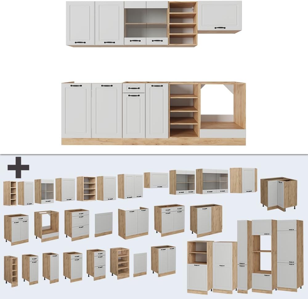 Vicco Cuisine R-Line, Blanc campagnard/Chêne doré, 240cm, PT Chêne