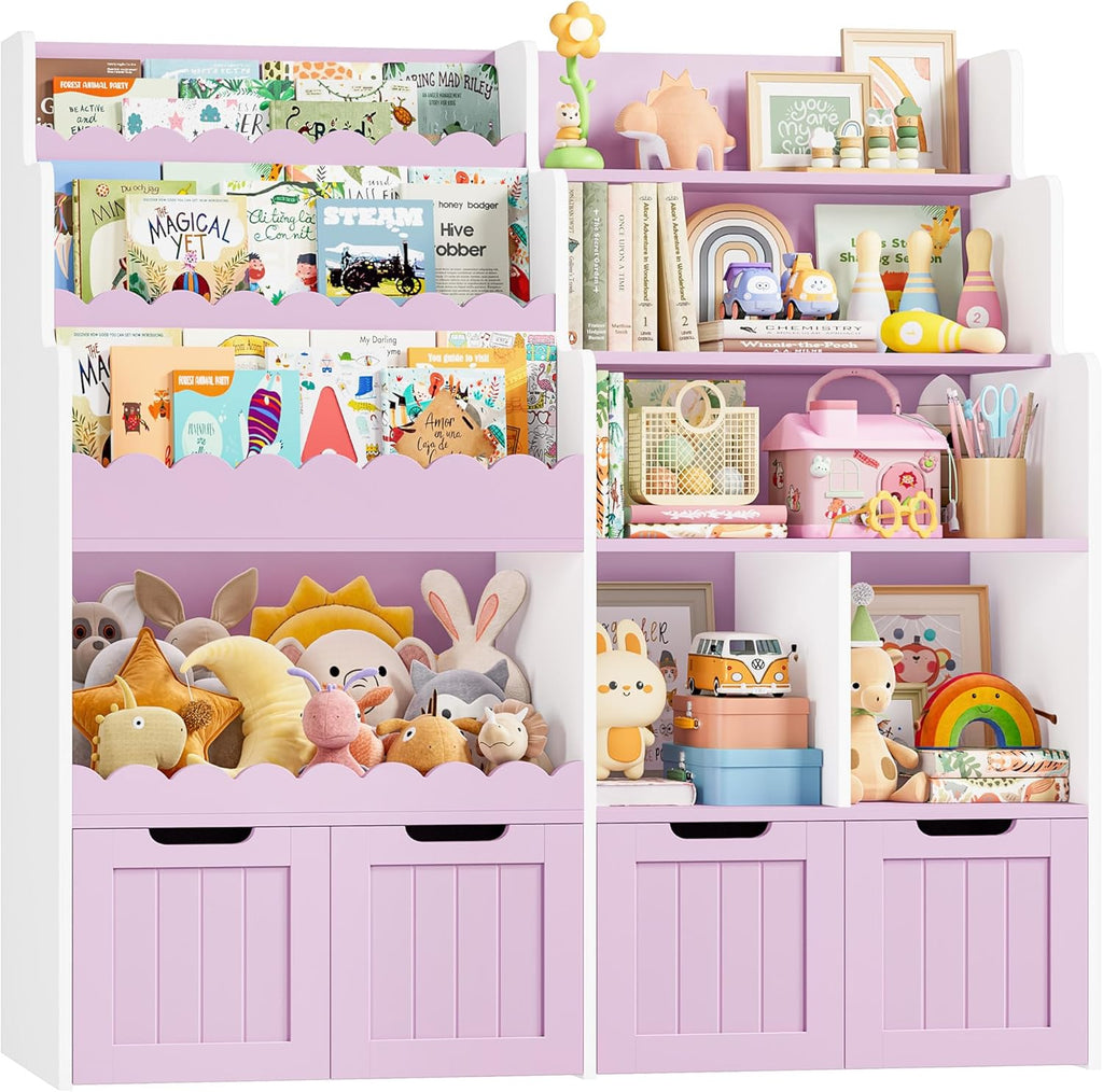 FOREHILL Meuble Rangement Enfant Bibliothèque Enfant avec 4 Boîtes Amovibles 9 Étagères Rangement Jouet pour Chambre d’Enfants Salle de Jeu 125x40x120 cm Couleur Lavande