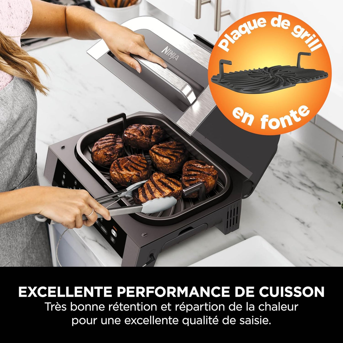 Ninja MAX 6-en-1 Grill d’intérieur et friteuse sans huile, 6 modes, cuit jusqu’à 6 hamburgers, capacité 3,8 l, faible dégagement de fumée, thermomètre à viande numérique inclus, Gris/Argent, DG551EU