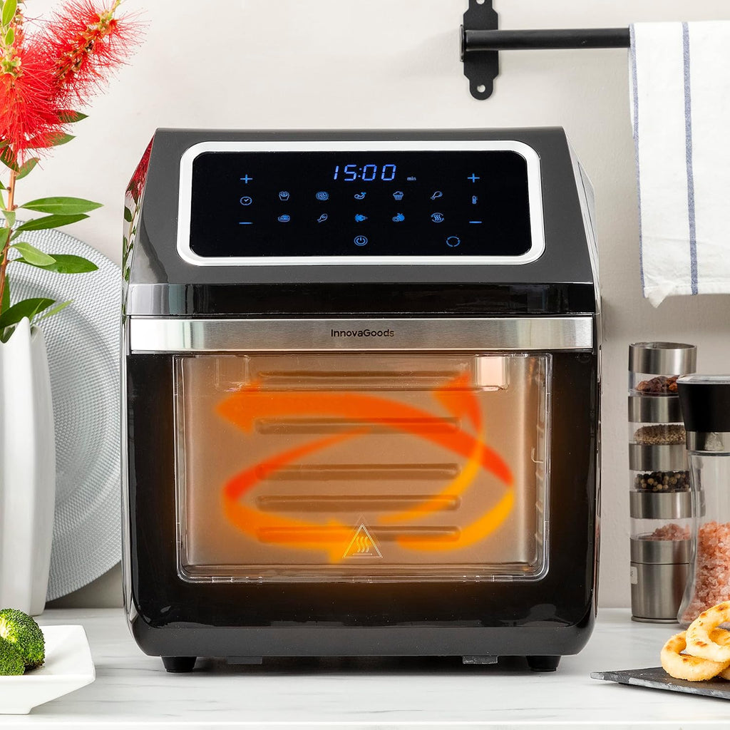 InnovaGoods Air fryer 12L, friteuse sans huile 1800W avec +100 recettes en FR. Friteuse à air avec 8 accessoires, 10 programmes, écran tactile, four à air chaud avec fenêtre et lumière intérieure.