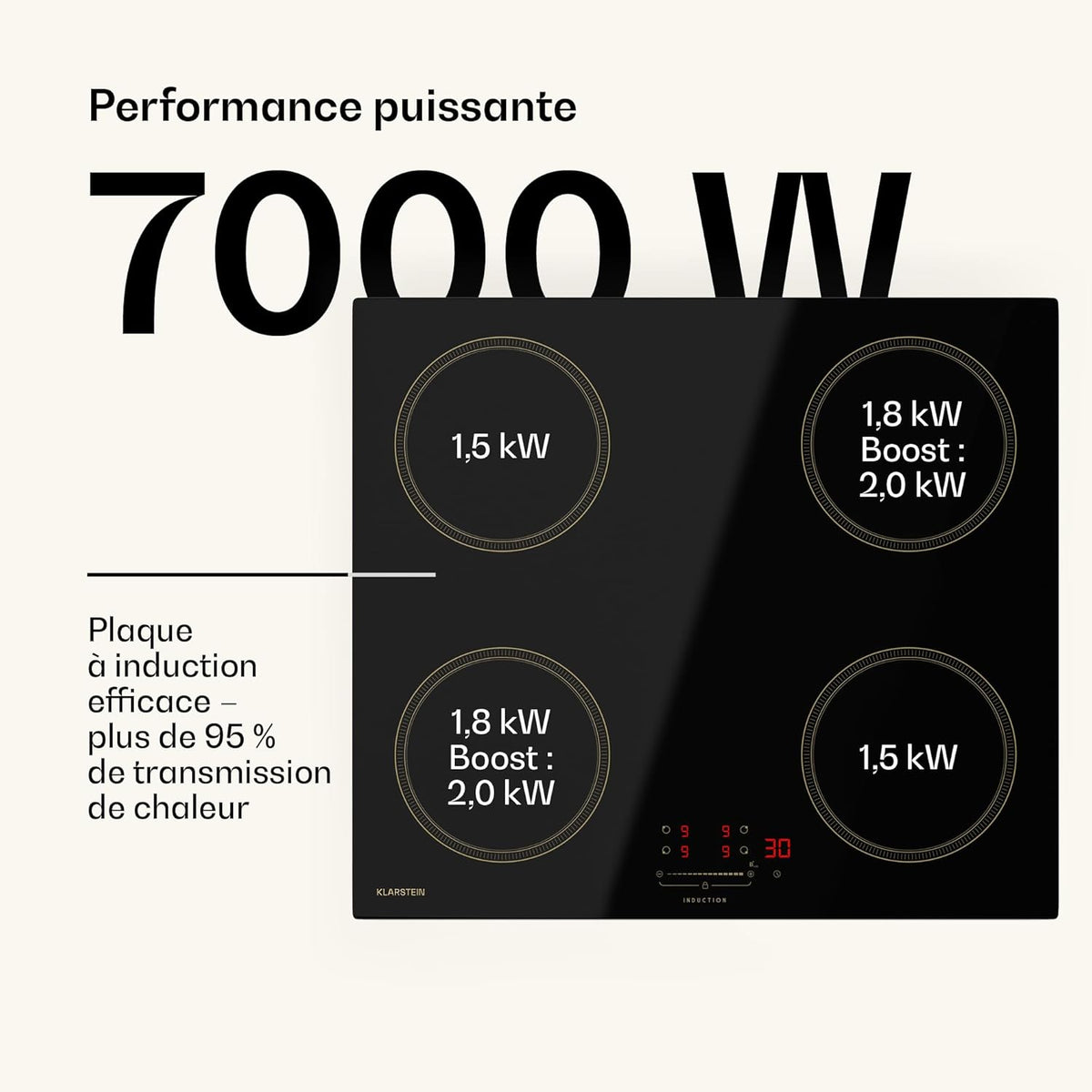 Klarstein Victoria Plaque À Induction Encastrable - 4 Zones, 7000 W Avec Boosters, Curseur & Minuterie, Verrouillage Parental, Vitrocéramique Noire, Largeur 59 cm