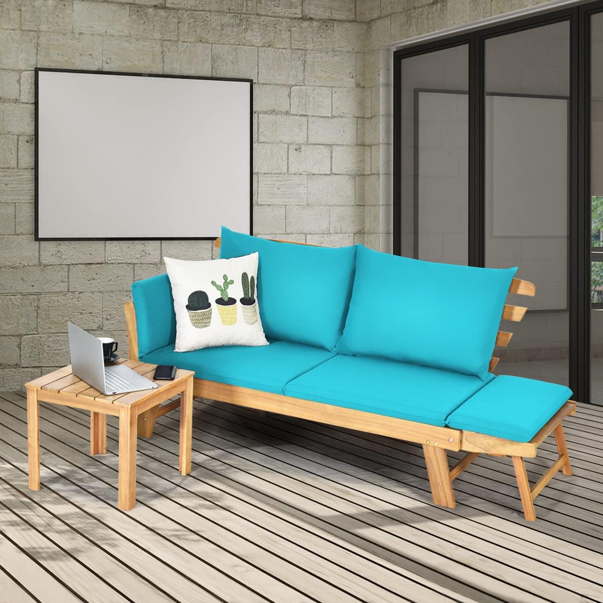 GIANTEX Daybed Canapé-lit pliable pour extérieur 2 personnes avec coussins et oreillers, cadre en bois pour porche avant et patio arrière Bleu turquoise