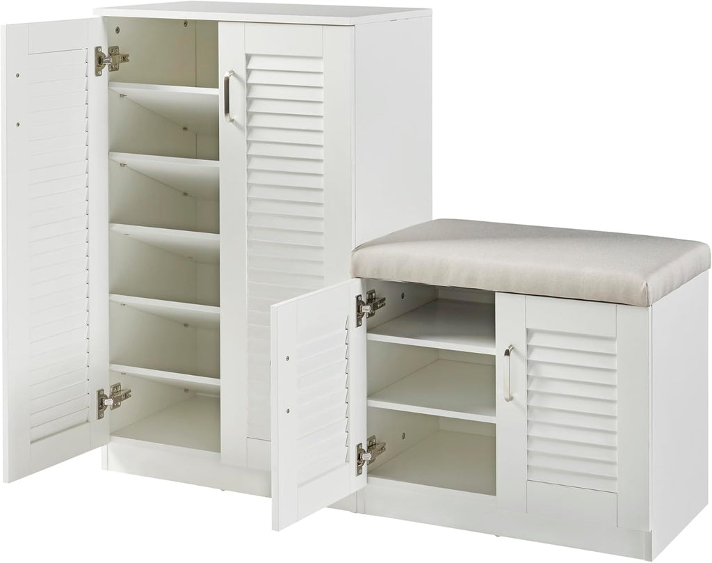 [en.casa] Meuble à Chaussures avec Banquette Armoire à Chaussures pour 18 Paires Meuble de Rangement avec Portes Ajourées MDF 97 x 120 x 36 cm Blanc