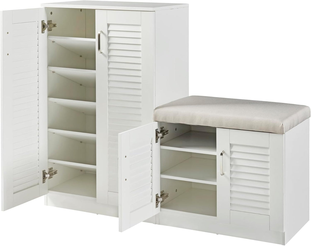 [en.casa] Meuble à Chaussures avec Banquette Armoire à Chaussures pour 18 Paires Meuble de Rangement avec Portes Ajourées MDF 97 x 120 x 36 cm Blanc