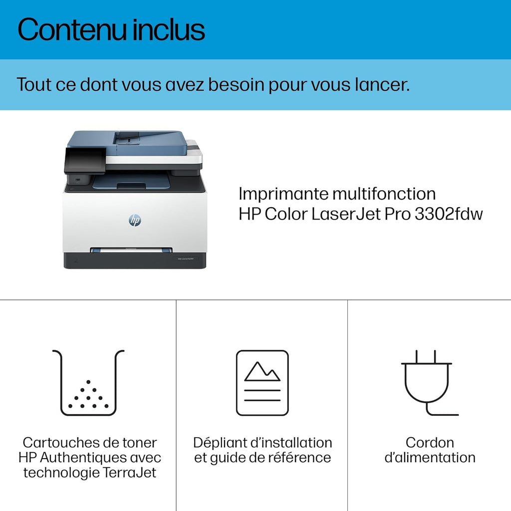 Color Laserjet Pro 3302fdw, 499Q8F, Imprimante Multifunction A4, Recto/Verso Automatique Couleur, 25 ppm, USB, Wi-FI, Fax, Copie, ADF, Smart, Bleue