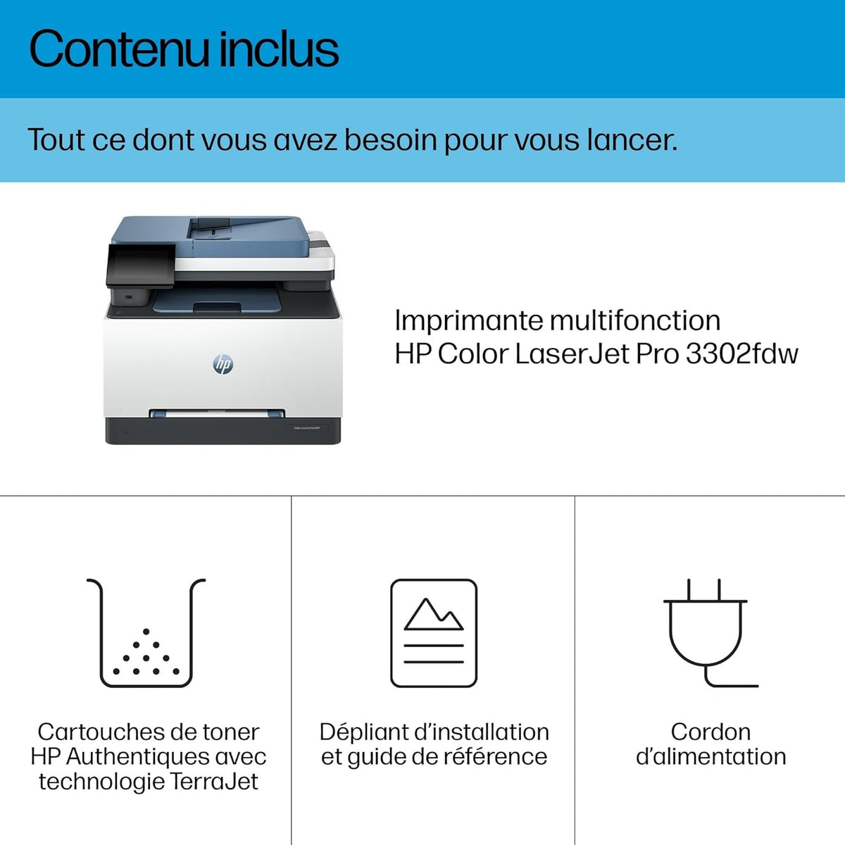 Color Laserjet Pro 3302fdw, 499Q8F, Imprimante Multifunction A4, Recto/Verso Automatique Couleur, 25 ppm, USB, Wi-FI, Fax, Copie, ADF, Smart, Bleue