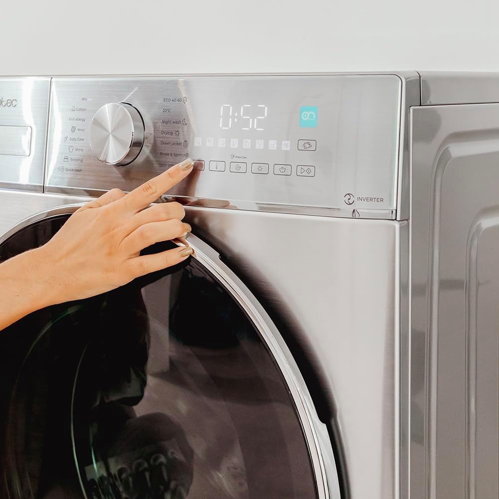 Cecotec Lave-linge Séchant 8-5Kg Bolero Wash&Dry 8590 Inverter Steel 1400RPM, 16 Programmes, Inverter Plus, Lavage à la Vapeur, Lavage et Séchage Intelligents, Stérilisation, Joint Antibactérien