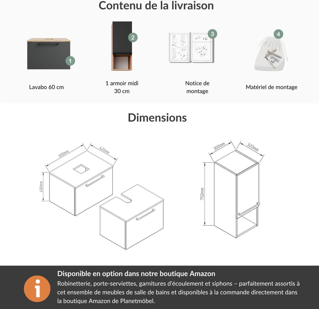Planetmöbel Astra Ensemble Meuble Salle de Bain avec Meuble sous lavabo 60 cm, 1 Armoire Moyenne chêne doré Anthracite, sans Vasque à Poser