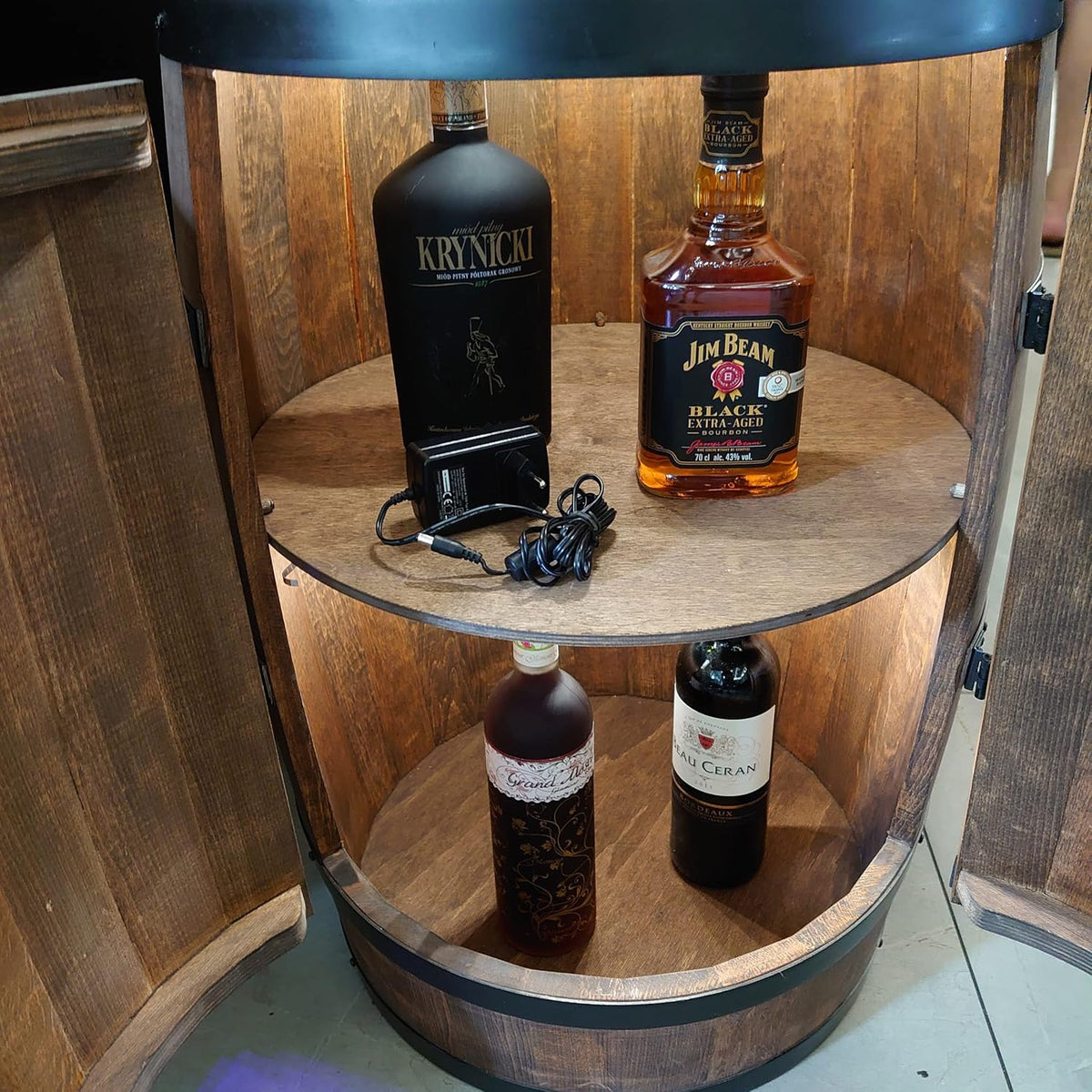 CREATIVE COOPER Casier à Vin en Bois Avec Porte LED - Armoire à Alcool - Étagère à Bouteilles - Minibar 80cm Wenge