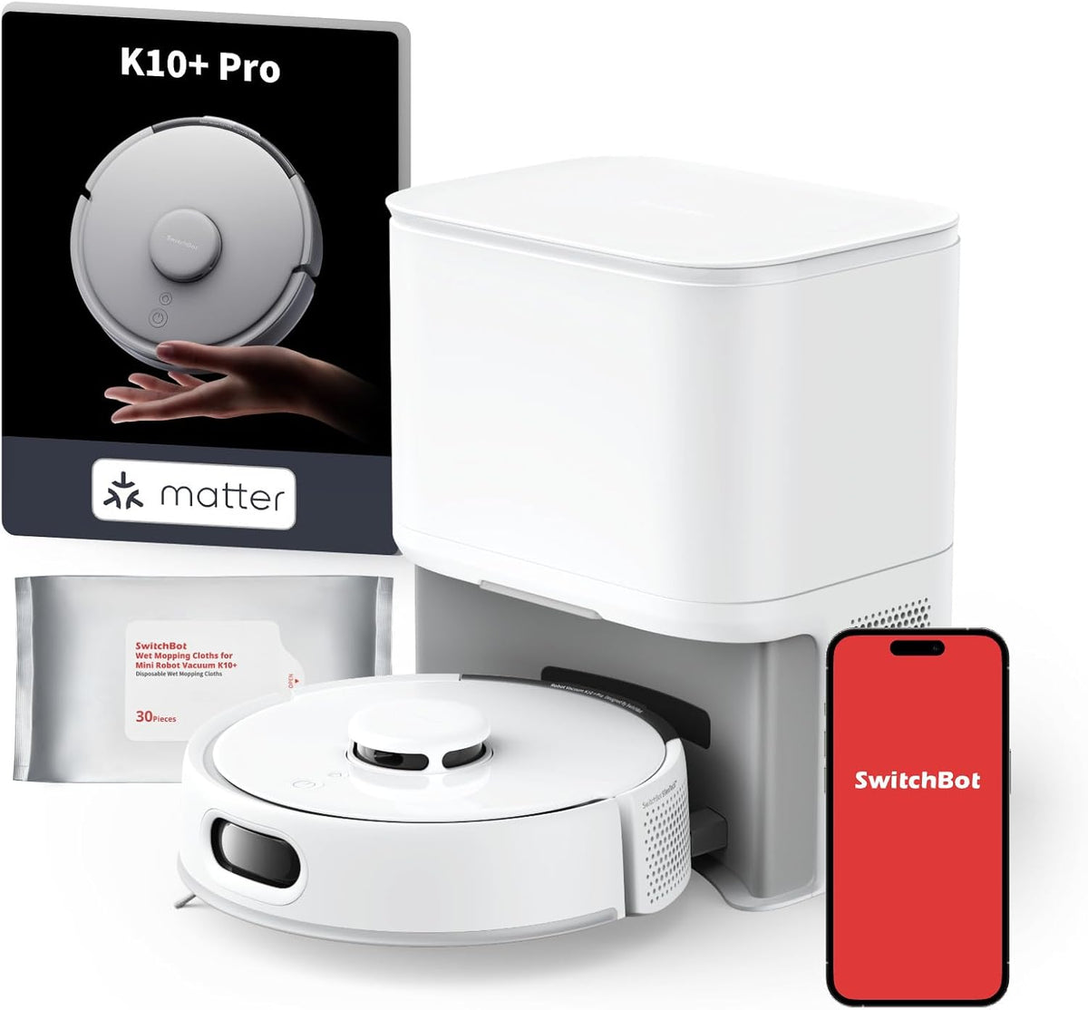 SwitchBot K10+ Pro Aspirateur Robot avec Vidange Automatique pour 90 Jours, Mini Aspirateur Robotisé Silencieux avec Une Puissance d'Aspiration Élevée, Compatible avec Alexa/Siri, WiFi 2,4 GHz