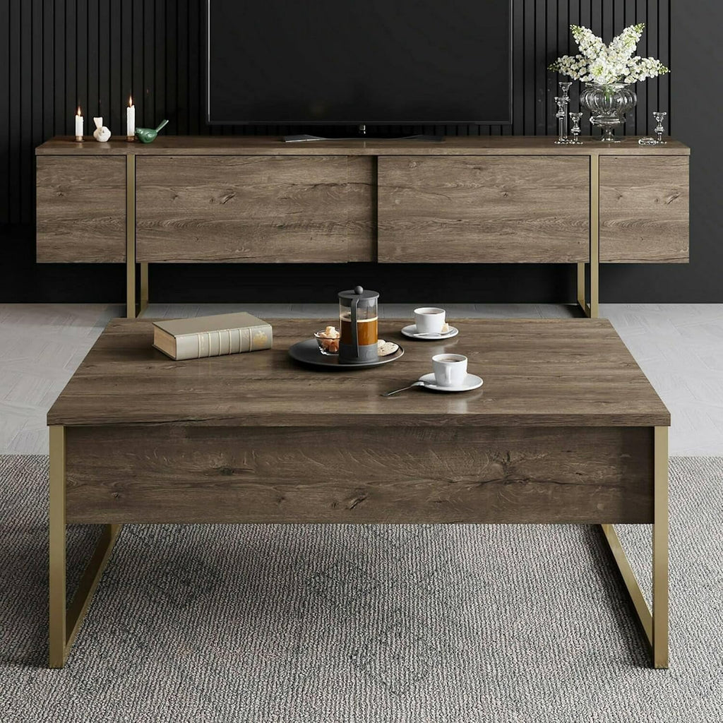 Dmora - Meuble TV Centaurus, Buffet de Salon, Armoire Basse pour TV, Base Murale de Rangement, 180x30h50 cm, Noyer et Or