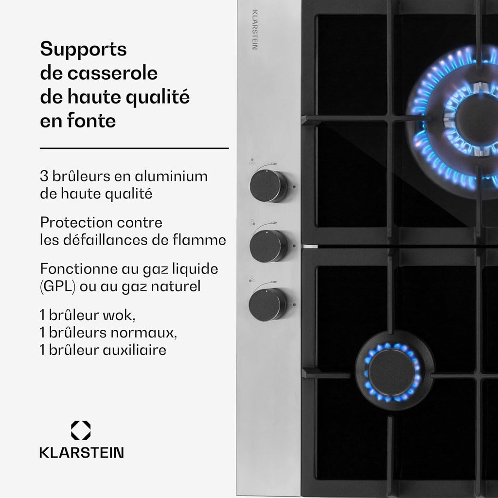Klarstein Plaque de Cuisson Gaz 3 Feux, Table de Cuisson à Gaz à 3 Brûleurs, 6.2 kW, Piano Cuisine Gaz Encastrable en Acier Inoxydable