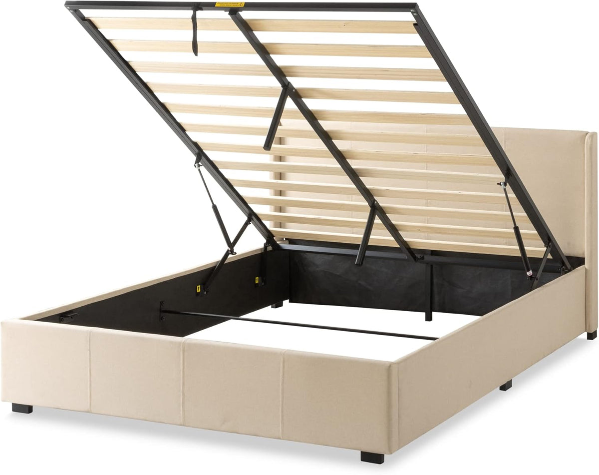 Zinus Maddon Lit Coffre 140x190 cm - Hauteur 31 cm - Système de Levage Hydraulique - Tête et Cadre de Lit Double en Bois tapissier - Beige