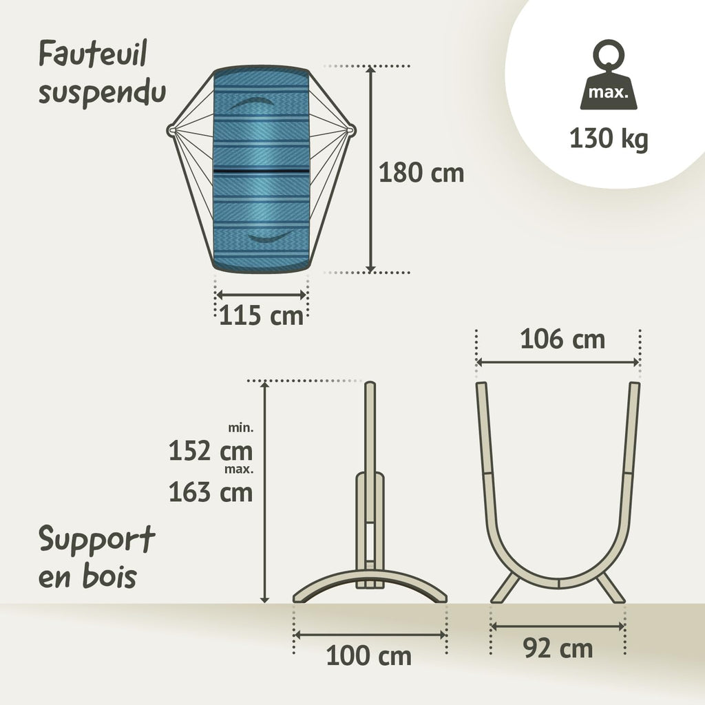 LA SIESTA - Chaise Suspendue Udine en Coton Biologique avec Support en Bois - Fait Main, indéchirable - Fauteuil Suspendu Interieur avec Support en Eucalyptus certifié FSC - Blue Zebra
