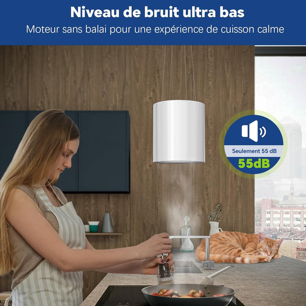 SNDOAS Hotte Îlot Central 700 m3/h, Hotte Aspirante 35cm avec 3 Vitesses, A+, Éclairage LED, Filtres à Charbon et Fonction Retard 5 minutes , Blance, Hotte Suspendue Recyclage
