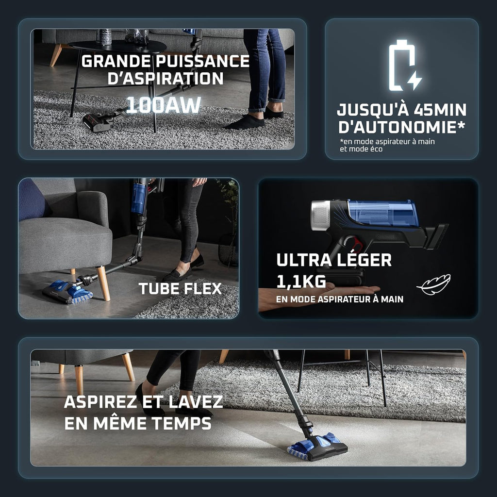 Rowenta X-Force Flex 9.60 Aqua Aspirateur balai Laveur sans fil, Aspire et Lave Simultanément, Puissant 100AW, Ultra Léger, Autonomie 45min RH20C2WO