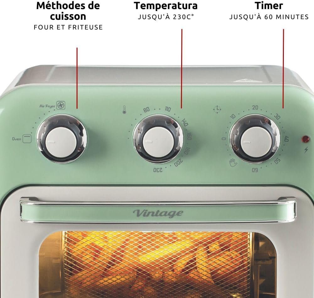 Ariete Vintage, 4632 Friteuse et Four 2en1, Capacité 16 L, Paniers et Rôtisserie en acier inoxydable, Température jusqu'à 230°, Minuterie 60 minutes, Double Verre, 1400W, Vert