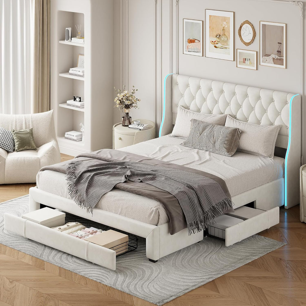 Callicarpa Cadre de Lit avec Tiroirs de Rangement, Lits LED 160 X 200, Lit Deux Place, lit Double, Lits et Cadre de Lit pour Adulte, Beige