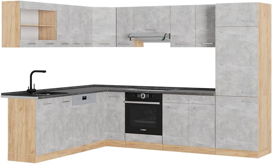 Vicco Cuisine en Angle R-Line, Béton/Force d'or Chêne, 227x287cm, PT Anthracite