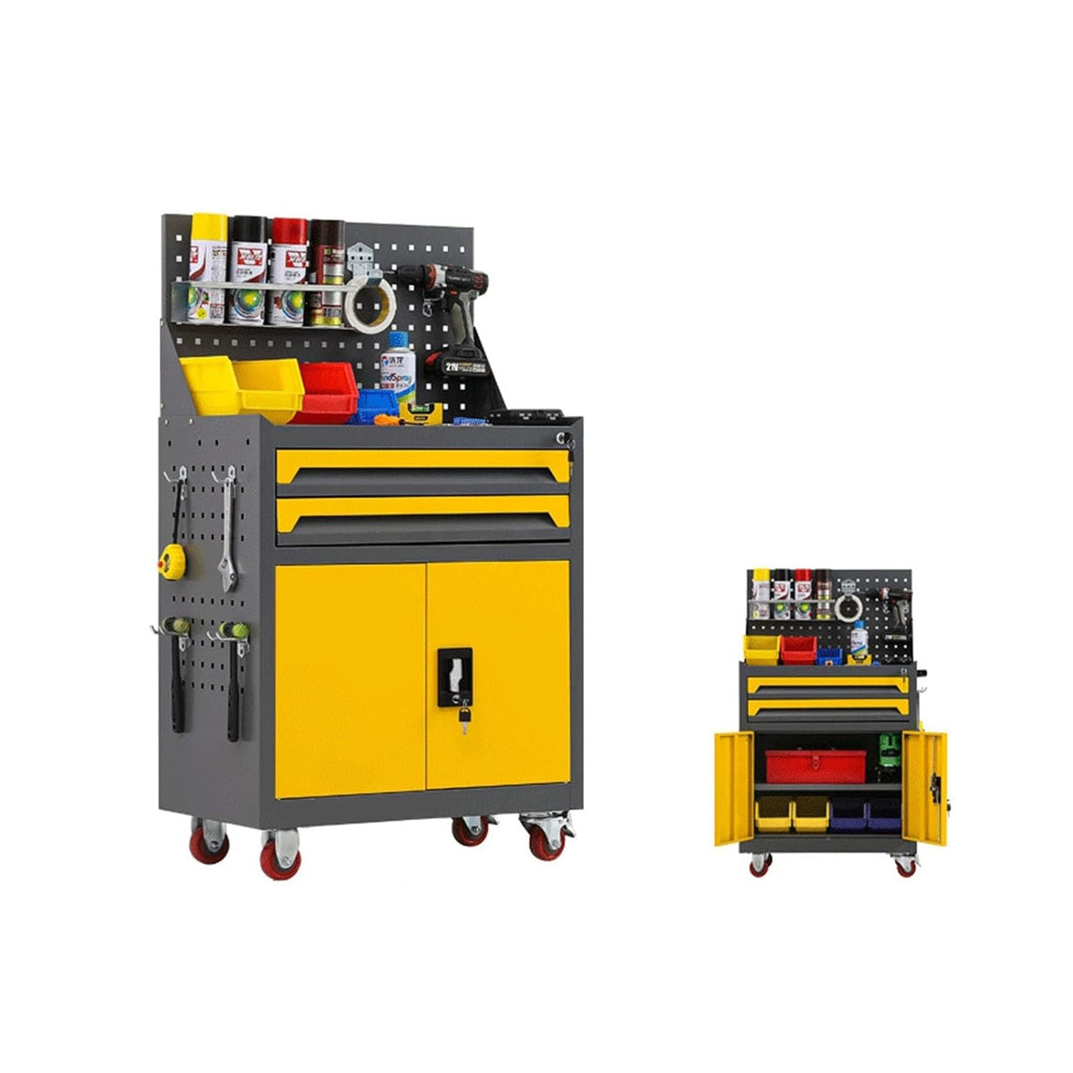 Rangement des outils Coffre à outils roulant haute capacité 2 tiroirs, boîte de rangement avec armoire amovible roues et serrure pour atelie