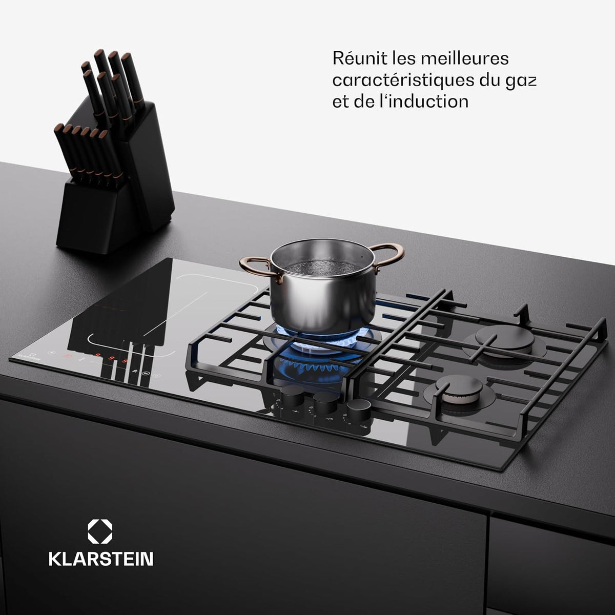 Klarstein MultiChef 5 Plaque Induction Et Gaz - 5 Zones, Flexzone, 10,6 Kw, Commande À Glissière, Stop&Go, Minuterie, Noir, 87,5 Cm