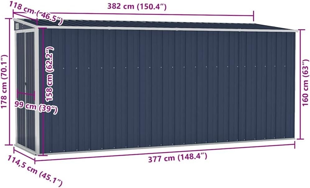 vidaXL Abri de Jardin Mural Abri de Rangement d'Outils Rangement d'Equipement de Jardin Extérieur Cour Anthracite 118x382x178 cm Acier