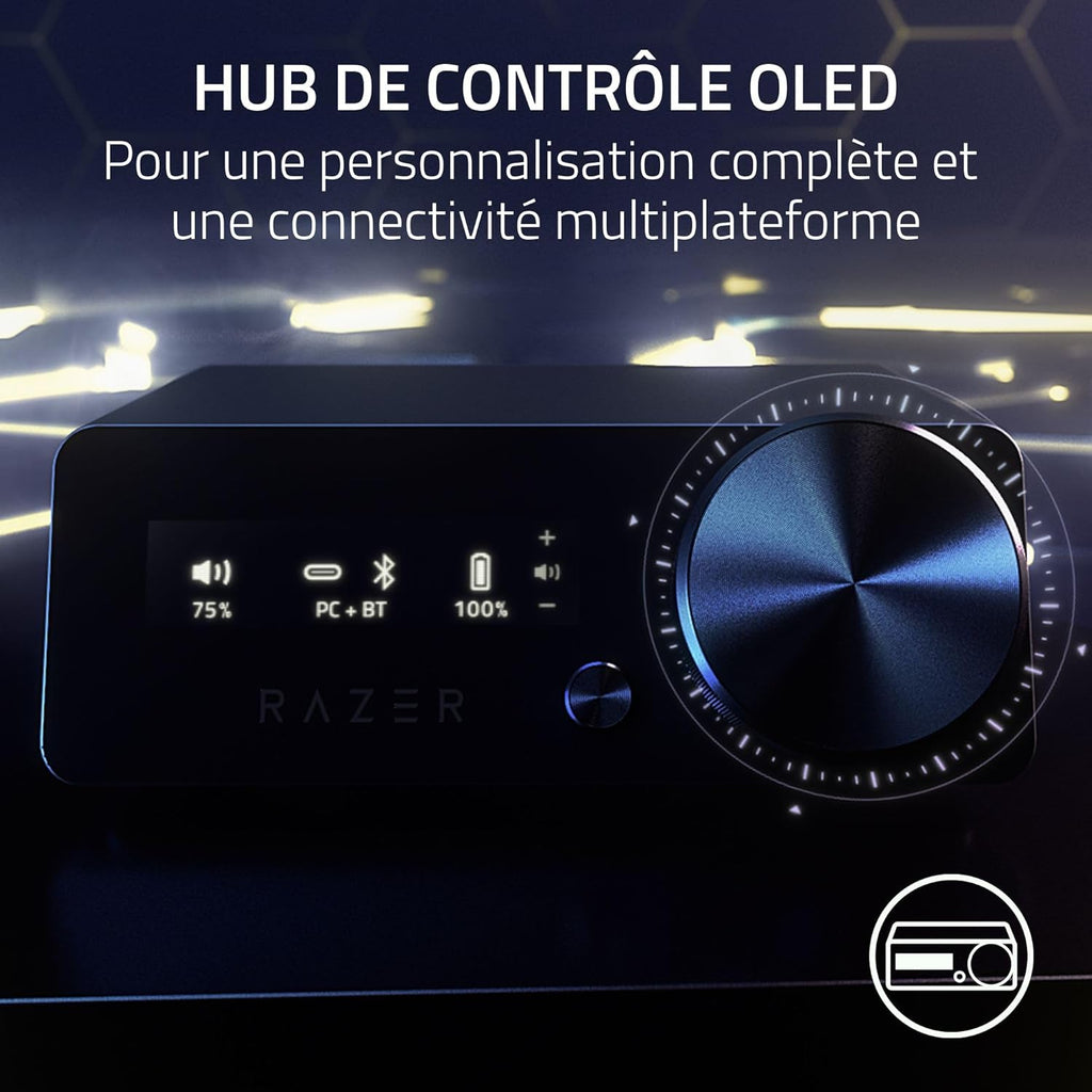 Razer Kraken V4 Pro - Casque de Jeu sans Fil avec hub de contrôle - Sensa HD haptics (hub de contrôle OLED, Triforce 40mm Drivers, HyperSpeed & Bluetooth, THX Spatial Audio, RGB) Noir